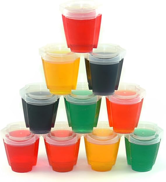 50-pc Squeezable Jello Shot Cups with Lids - 2oz Plastic Gelatin Containers | Patented Accordion Shape Design, Easy To Squeeze, BPA-Free Food Safe Plastic, Reusable, Set of 50 Squeezable Cups and 50 Lids