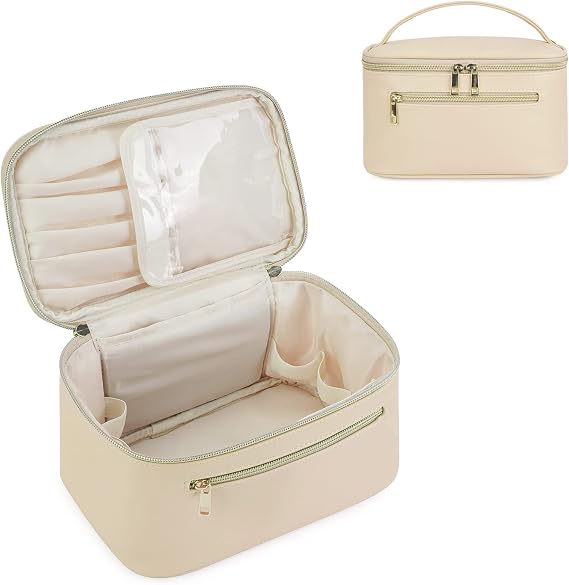 Cosmetic Bag Women's Travel Make Up Bag PU Leather Brush Compartment Organiser Water resistant PU leather with handle for travel and daily life