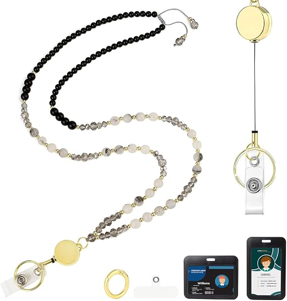Lanyards for ID Badges and Keys,Natural Stone Beaded Teacher Lanyard for Women,Retractable Lanyard with ID Holder Cute Lanyards for Teachers (Black)