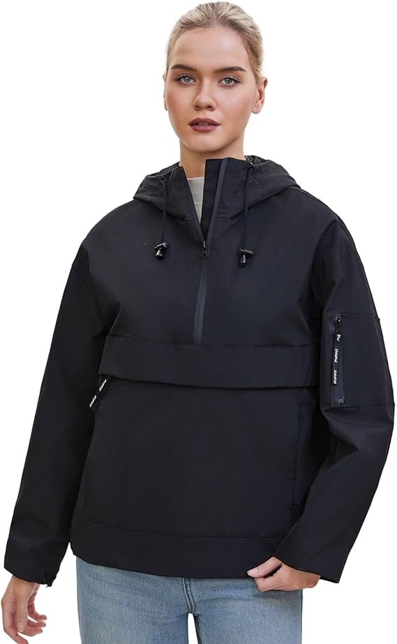 PUFFIT Rain Jacket Women, Womens Lightweight Anorak Pullover Hoodie Jacket, Water-Resistant