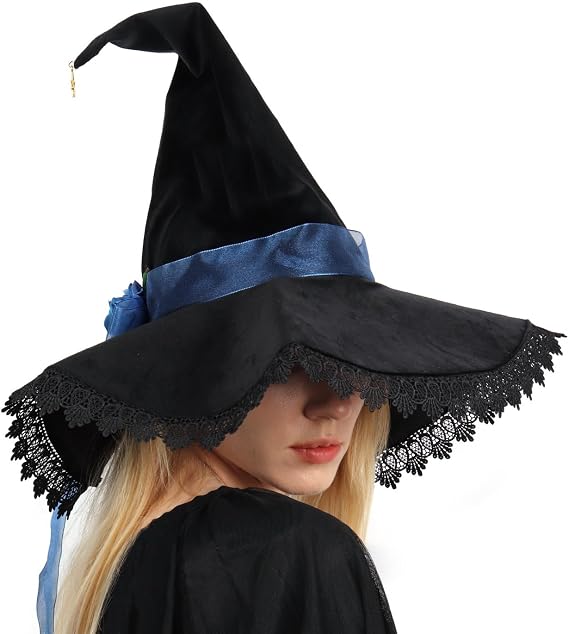 C-ZOFEK Black Velvet Witch Hat with Lace Brim for Women Wizard Cosplay Halloween Party Costume