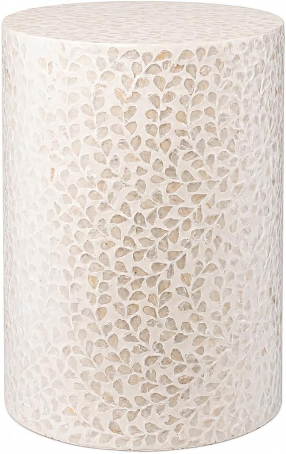 PEMAR Capiz Shell Cylinder Drum End Table Nacre Side Table Stool Accent Coffee Bedside Round Nightstand and Vanity Stool White Cream Floral Vine Pattern 13" Diameter x 19.3" High