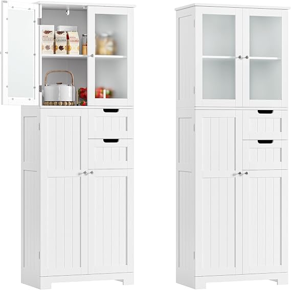 Bathroom Storage Cabinet, 67'' Kitchen Pantry Cabinet with Shelves and Glass Doors, Tall Storage Cabinet with 2 Drawers for Bathroom, Living Room, Kitchen, White(2pcs)