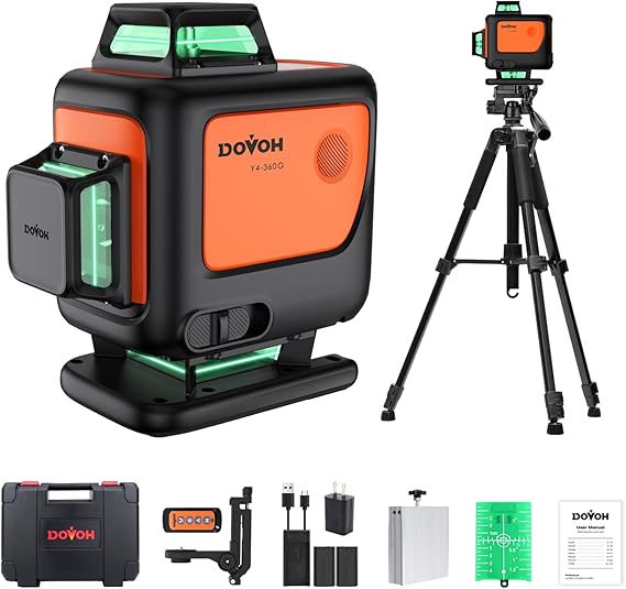 4D Laser Level 360 Self Leveling with Tripod, Y4-360G-KIT | Dual Batteries, Pulse Mode, Hard Toolbox, Green Beam, 4 Plane, For Construction, Flooring, Tiling, Ceiling