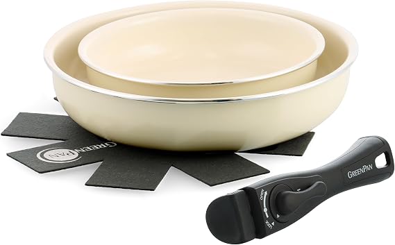 Greenpan Fry Pan 4-Piece Set with Detachable Handles, IH and Gas Stove Compatible, Ceramic Coating, PFAS-Free, No Harmful Substances or Fluoropolymers, Diamond Particles, Stackable Storage, Oven Safe