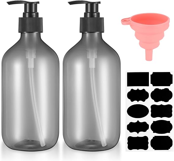 2 Pcs Pump Bottle Dispenser, 500ML/17oz Refillable Empty Press Pump Bottles, Plastic Liquid Soap Dispenser Storage Holder Container for Lotions, Shampoo, Conditioner, with Funnel, Label Paper