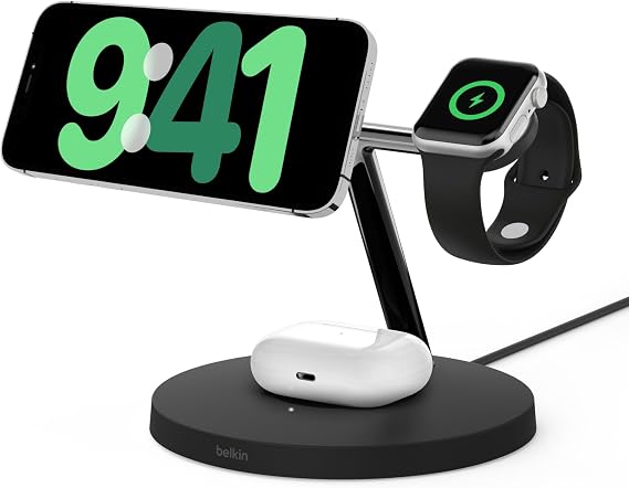 Belkin BoostCharge Pro Wireless 3 in 1 charger Qi2 iPhone 15, 14, 13 and 12 and Apple Watch and AirPods, wireless charging, inductive charging station (up to 15W) - black