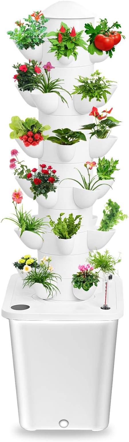 30 Plants Hydroponic Growing Tower with 10L Tank, 6 Layers Vertical Planter Tower, Indoor Hydroponics Growing System Kit, Soilless Cultivation Herbs Fruits Vegetables ﻿ (White)