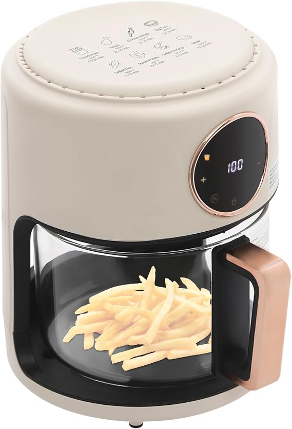 Mini Air Fryer, 3.81Qt Glass Air Fryer, 360 Viewable Touch Screen with Digital Display, 176F-392F Adjustable Temperature Nonstick Airy Fryers for Home Kitchens, Restaurants(White)