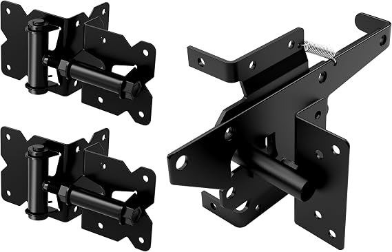 WINSOON Stainless Steel Self Closing Gate Hinge and Latch Hardware Kit, Heavy Duty Adjustable Tension Gate Hinges 2-Pack & 1-Automatic Latch, Gate Hardware Kit for Wood/Vinyl Fence Gate