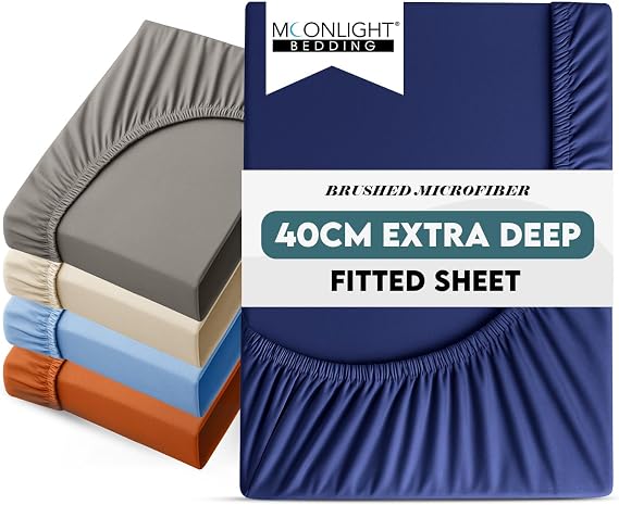 Moonlight Bedding Fitted Sheet 40 Cm Extra Deep Pocket Bed Sheets 16 inch Ultra Soft Bottom Sheet Brushed Microfiber Breathable Shrinkage and Fade Resistant (Navy, Super King)