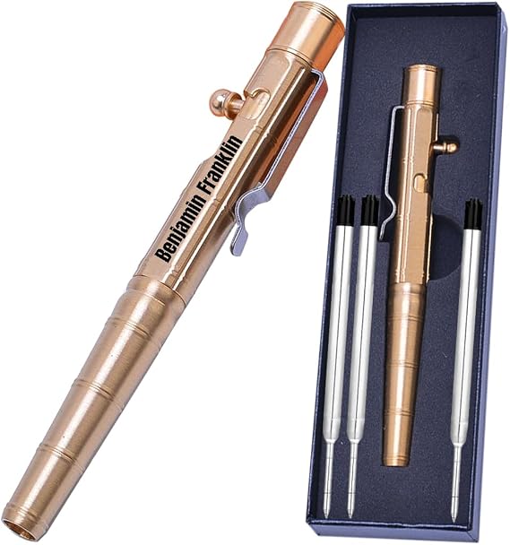 Personalized Bolt Action Pen Custom Text or Logo Brass Ballpoint Pen with Metal Clip Arthritic Business Office EDC Tactical Defense Pocket Pen (Bamboo Shaped - Brass)