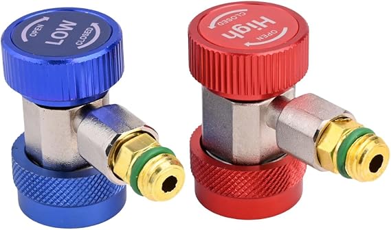 2pcs R134A Quick Connector Adapter Coupler Set 1/4 SAE Male Flare Auto AC Manifold Gauge Fittings for Low High Pressure HVAC Systems Blue Red Alloy Conversion Kit