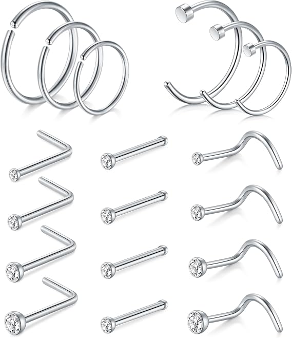 AVYRING Nose Rings Hypoallergenic Stainless Steel L-Shaped Nose Stud Screws with Cubic Zirconia Nose Piercing Jewellery 22G 20G 18G, Pack of 8 Pieces 18 Pieces or 24 Pieces