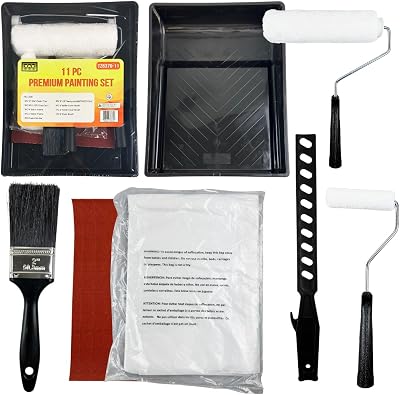 11-Piece Premium Home Painting Kit Includes 9 & 4 Paint Rollers with Frames, 2 Paint Brush, Drop Cloth, Sandpapers 60100220 Grit, Paint Tray & Stir Bar All-in-One Wall Painting Tool Set