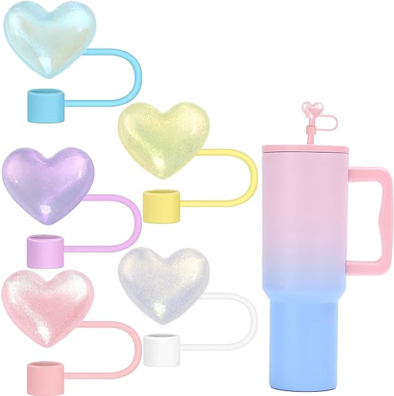 Heart Straw Toppers, 5 Pieces Bling Stanley Cup Accessories Cute Straw Cover Tips for 30&40 Oz Tumbler with Handle, Dust-Proof Reusable Straw Lids