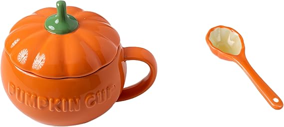 16.9-ounce microwaveable soup bowl with loop handle, pumpkin decorative cup with large handle, ceramic soup bowl and spoon set for fruit, cereal,olives, and salsa. (Medium pumpkin cup + lid + spoon)