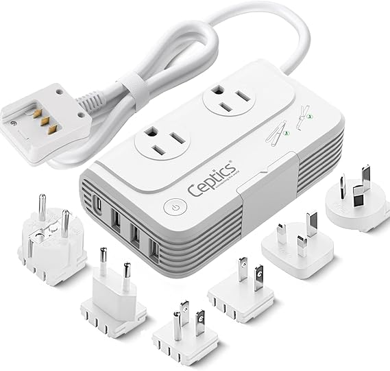 Ceptics 220V to 110V Voltage Converter, 200W, 6 SWadAPt Plugs, 4 USB | PD 18W fast charging. Includes Type A/B/C/E/F/G/I plugs for curling irons, straighteners, chargers & worldwide travel.
