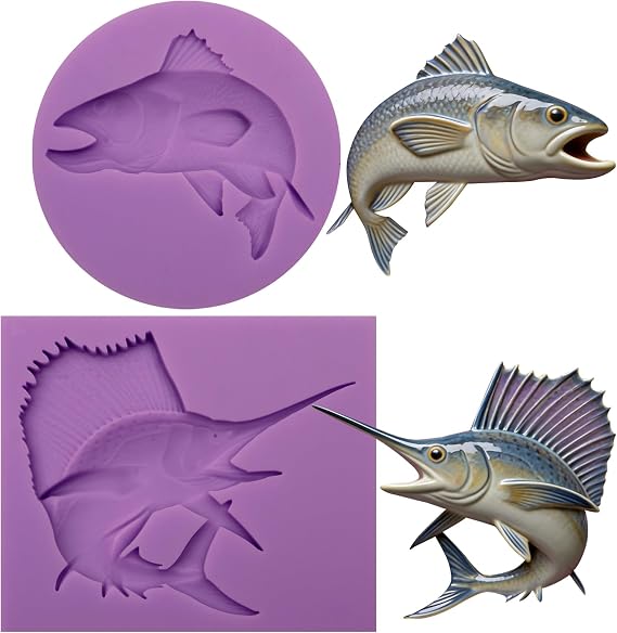 Infovox Silicone Fish Molds, 2 Pack, Ocean Fondant Molds for Cake Decoration Cupcake Topper Chocolate Candy Gum Paste Polymer Clay