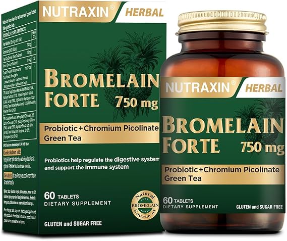 Nutraxin Bromelain Forte – 750 mg Bromelain, Yeşil Çay Ekstresi, Krom ve Probiyotik İçeren Tablet – 60 Tablet – Alerjen İçermez