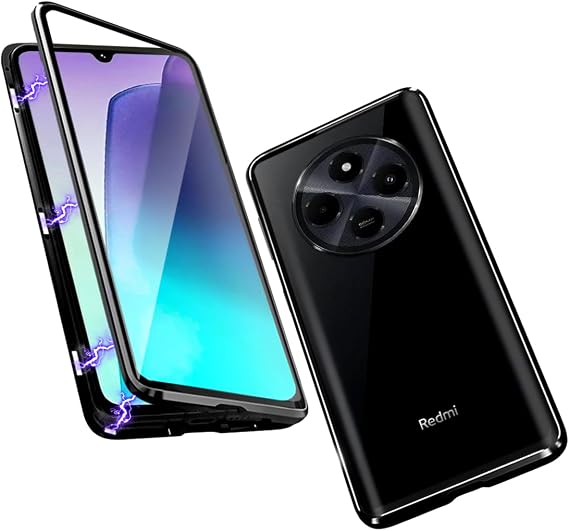 QUIETIP Case Compatible with Redmi 14C & Poco C75,Magnetic Body Metal Frame Double Sided Clear Tempered Glass Cover,Black