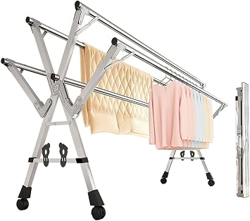 Clothes Drying Rack - 5-Rod Heavy Duty Stainless Steel Retractable & Foldable Laundry Dryer, Portable Outdoor Indoor Drying Rack for Clothes with Wall Mount(63ft)