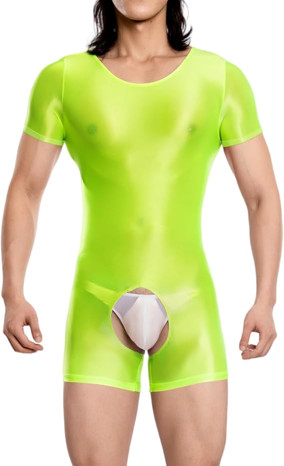 Men's Glossy Bodysuit Short Sleeve Gym Jumpsuit Shiny Round Neck One Piece Seamless Leotard Wrestling Singlet Unitard Casual Workout Playsuits Festival Rave Nightwear, Neon Green/M