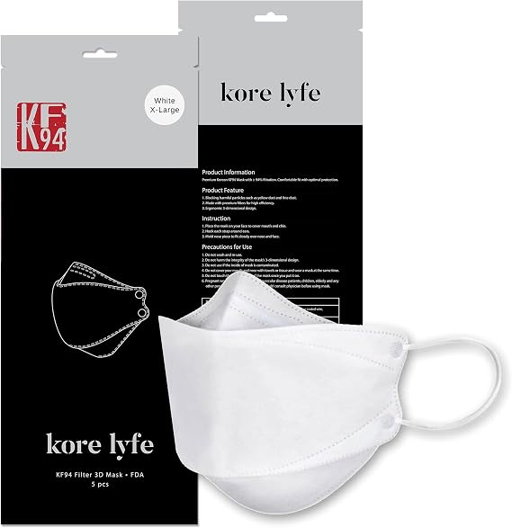 [25 PCS] 25% LARGER KF94 Face Mask - X-LARGE WHITE - [Made in Korea] - In 5 PCS Reclosable Package - Breathable Premium Quality - [Package in English]