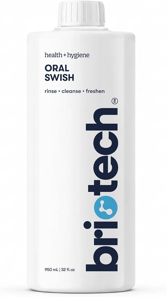 BRIOTECH Oral Swish, Hypochlorous Acid Mouthwash, Oral Rinse, 32 fl oz | Gentle hygiene care to fight bad breath, support against plaque, gum irritation, tender gums, alcohol and fluoride free