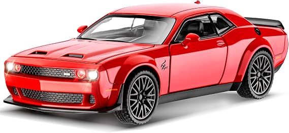 Dodge Challenger 1:32 Model Car Die-Cast Metal Toy Cars Hellcat Toy Car with Sound and Light Hellcat Car with Pull Back Function for Children from 3 Years and Car Collector (Red)