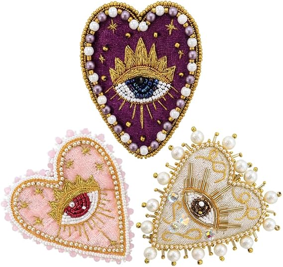 3Styles Evil Eyes Heart Beaded Patches Rhinestone Applique Patches Evil Eyes Sequin Applique Sew on Love Patch with Pearls Handmade Crystal Heart Appliques for Clothes Jeans Jackets Bag Shoes (NO.2)