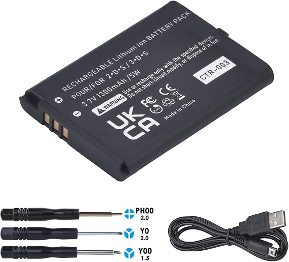 Tectra 1300mAh CTR-003 CTR003 Battery Compatible with Nintendo 3DS 2DS Gaming Console + Charging Cable(Not Compatible with New 3DS and 3DS XL)