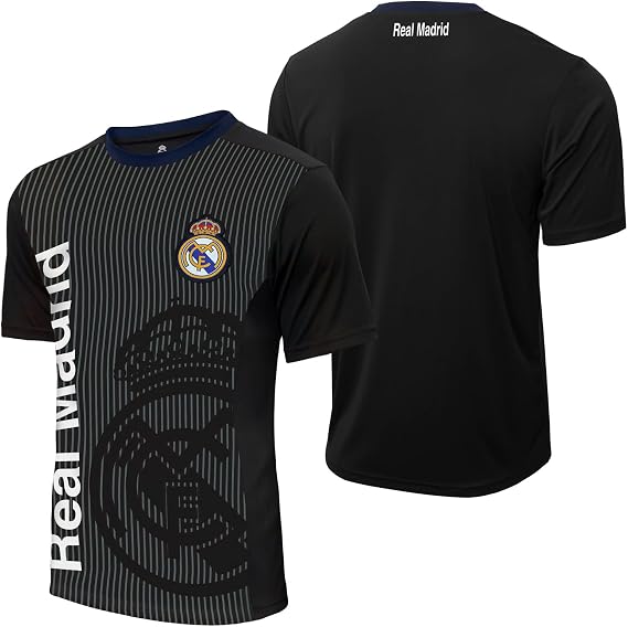 Icon Sports Officially Licensed Real Madrid CF Striped Crest Poly Shirt - Adult & Youth Game Day Shirt