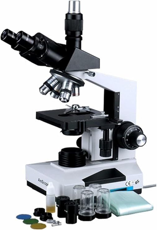 AmScope T490 Compound Trinocular Microscope, WF10x Eyepieces, 1000X | 40X-1000X Magnification Range Compound Biological Microscope Mechanical Stage Brightfield Imaging Built-In Condenser