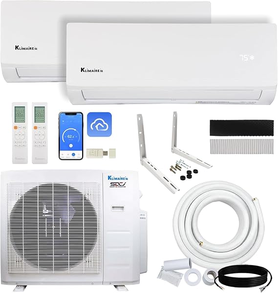 Klimaire 18,000 BTU Hyper Heat 2-Zone 23 SEER2 Heat Pump Wall Mounted Mini Split Heat Pump System w/All Inclusive Installation Kits (9,000 BTU + 12,000 BTU) - R454B