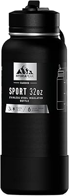 Hydrapeak 32oz Sport Insulated Water Bottle with Straw Lid, Leak & Spill Proof, Keeps Drinks Cold for 24 Hours, Hot for 12 Hours, Premium Stainless Steel Water Bottles 32oz, Black