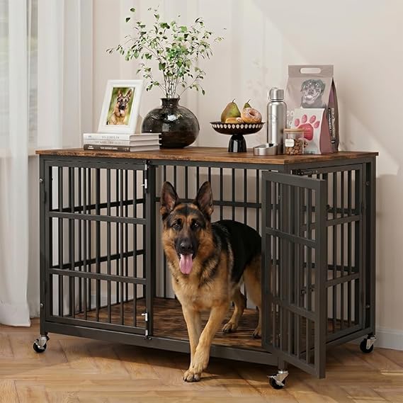 BOLDBONE 42 inch Dog Crate Furniture, Heavy Duty Dog Kennel Indoor for Large Dogs, Escape-Proof and Chew-Proof Wooden Dog Cage for high Anxiety Dog, Decorate House as TV Stand, End Table, Black Brown