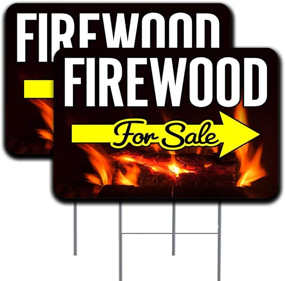 Firewood For Sale Arrow 2 Pack Double-Sided Yard Signs 16" x 24" with Metal Stakes (Made in the USA)