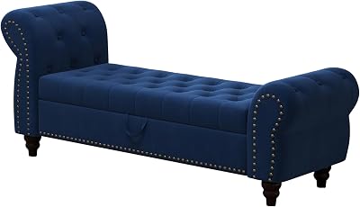 64.5 Bed Bench for Bed Room Nails Tufted Chaise of Lounge with Storage Velvet Upholstery Upholstered Bench with Large Storage Space for The Living Room-Navy Blue