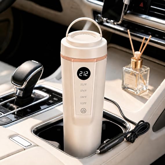 Car Electric Kettle 12V/24V Dual Voltage, Portable Travel Electric Kettle for Road Trips, Mini Small Water Boiler with 4 Temp Control, 316 Stainless Steel,16oz(Beige)