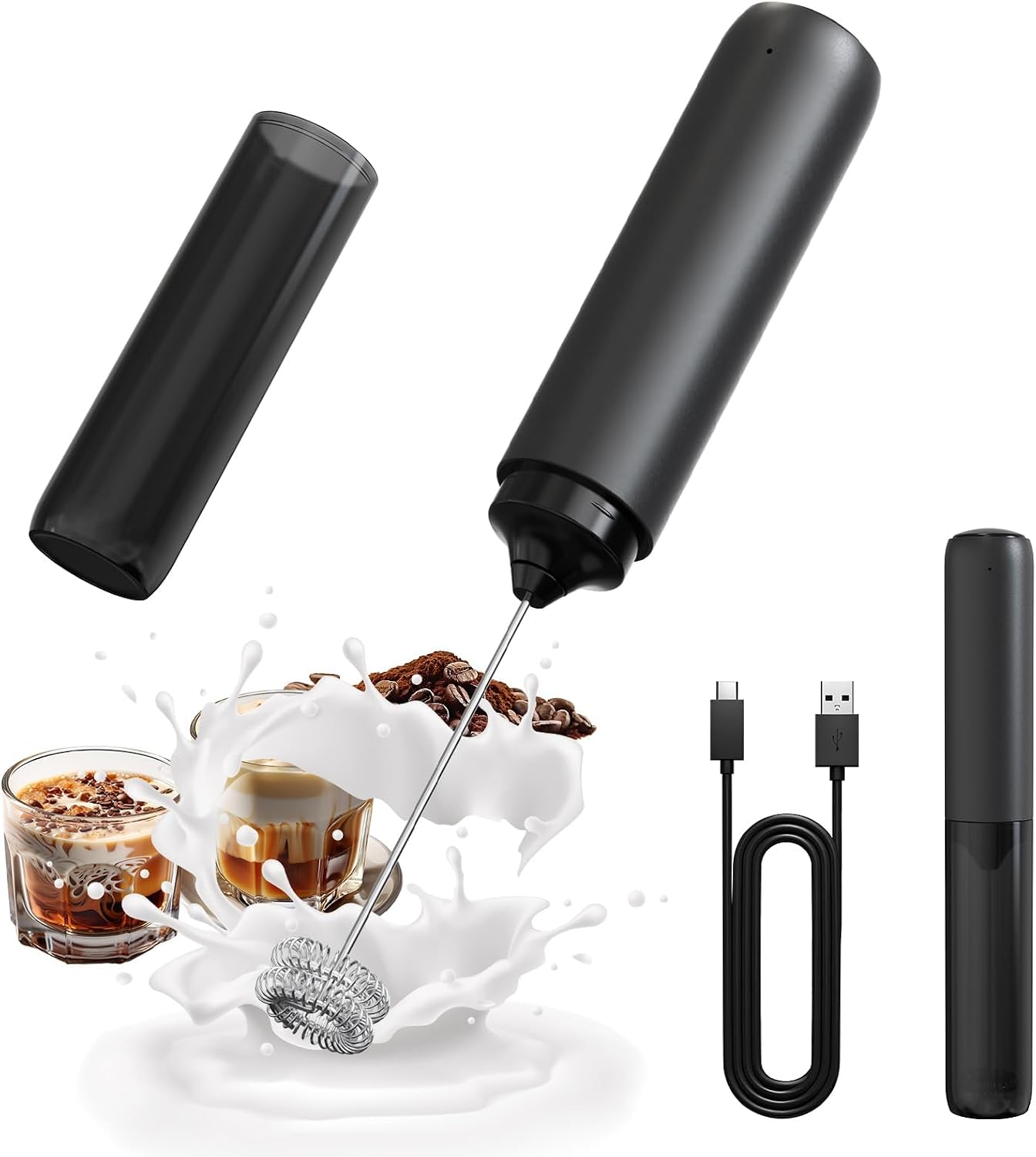 CIRCLE JOY Milk Frother Handheld Electric Rechargeable Coffee Frother Milk Foamer Drink Mixer with Sleeve for Coffee, Hot Chocolate, Cappuccino, Frappe, Matcha, Black