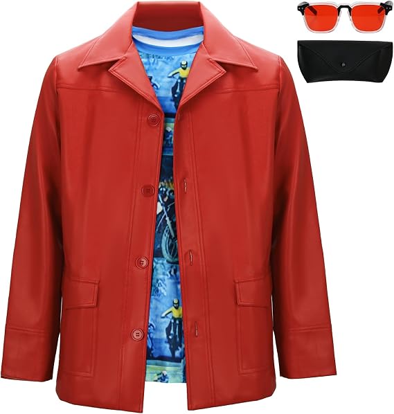 Mens Tyler Durden Red Jacket Halloween Costume Outfit Motorcycle Biker Faux Leather Coat Shirt Sunglasses Suit