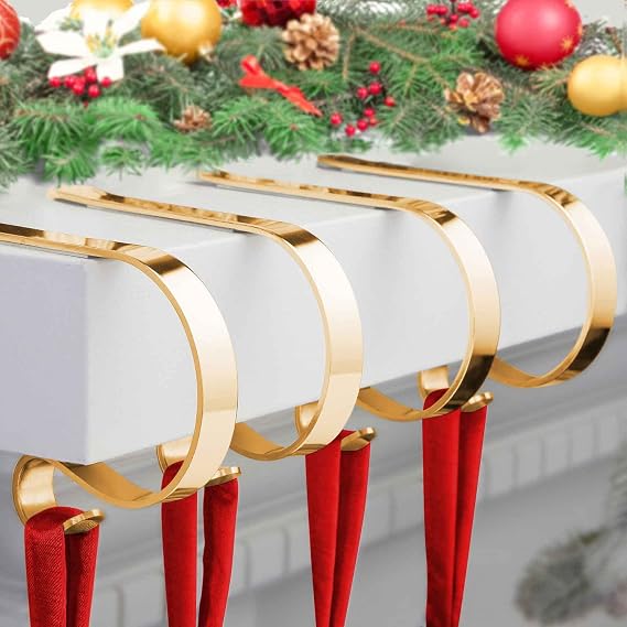 Christmas Stocking Holder, 4 Pack Stocking Holders For Mantle, Non-Slip | Lightweight Adjustable Gold Hangers For Mantel Fireplace, Christmas Stockings, Garland, Holiday Fireplace Decorations