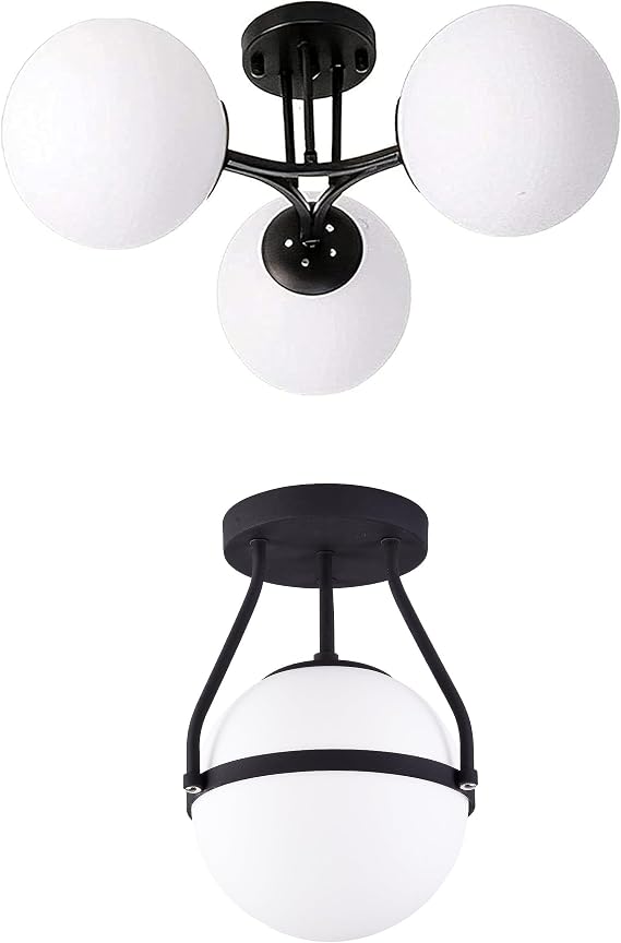 Bagood Globe Semi Flush Mount Ceiling Light with Milk Glass Shade Black Finish 3 Lights Modern Globe Ceiling Light Semi Flush Mount Ceiling Light Mid Century Ceiling Light for Hallway Laundry