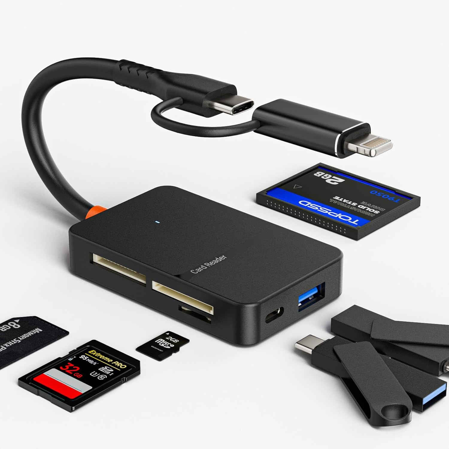 Memory Card Reader, 6in1 USB 3.0 and Lightning to SD Micro SD MS CF Card Reader Adapter with 5Gbps USB-AC Data Ports, 4 Cards Simultaneously Read and Write, for iPhone, Laptop, MacBook, iPad and More