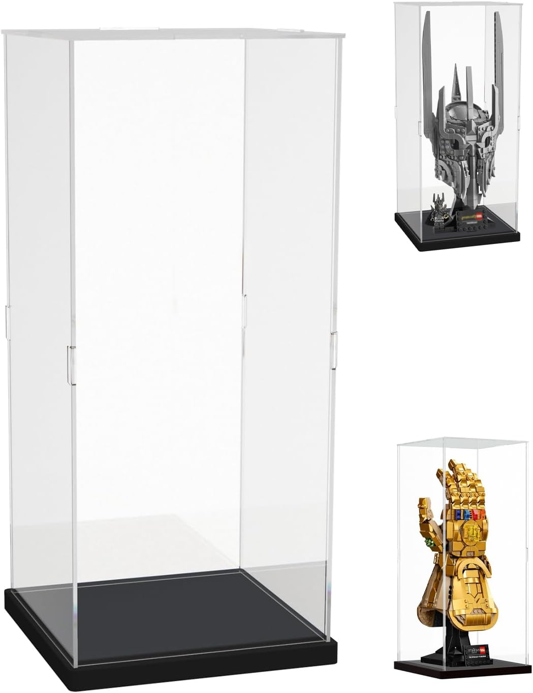 DuvinDD Acrylic Display Case for LEGO Infinity Gauntlet 76191 for LEGO Sauron Helmet 11373,Clear Acrylic Display Box for Collectibles Dustproof Protection Showcase(15x15x35cm,Black Base)
