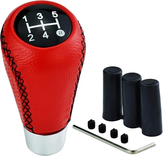 Gear Shift Knob 5 Speed Leather Car Shifter Handle for Most Manual Automatic Vehicles (Red)