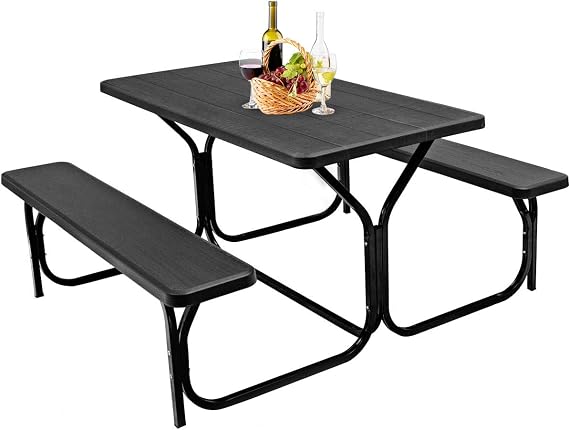 GYMAX Picnic Table, Picnic Bench Easy to Assemble w/All Weather Wood Grain Tabletop & Metal Frame, Picnic Tables for Outdoors Camping Backyard Deck Patio Poolside Dining Party