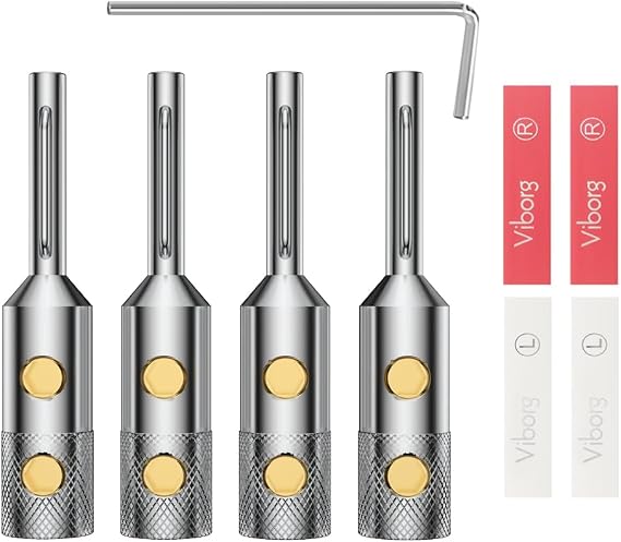 Viborg VB401R Audiophile Speaker Banana Plugs 4MM Pure Copper Screw Locking Speaker Plug Connectors for Amplifier Wire, Home Theater, AV Receiver, Amplifiers and Sound Systems 4PCS (Rhodium Plated)