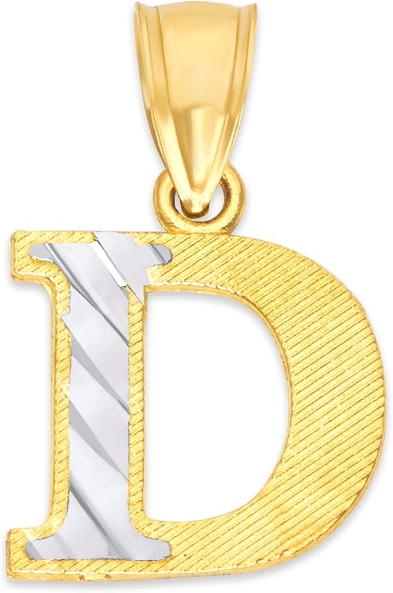 14k Real Solid Two Tone Gold Dainty Initial Pendant Finished with Diamond Cut (D)